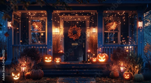 Lit Jack-o-Lanterns On A Homes Front Porch Steps On Halloween Night