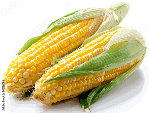 Two yellow corn cobs with green leaves. The corn is fresh and ready to be eaten. Concept of abundance and freshness, as the corn is a staple food in many cultures