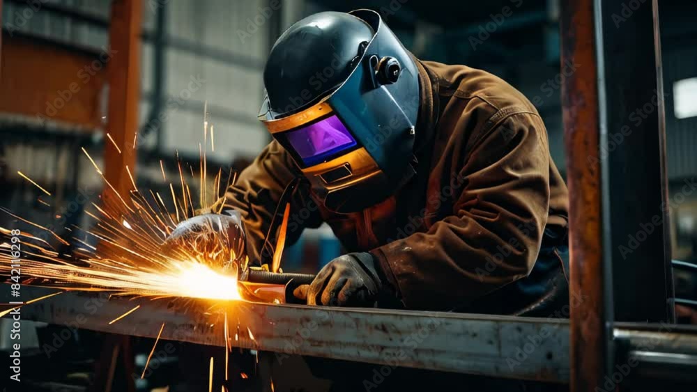 Metal welder working with arc welding machine to weld steel at factory Metal welder working with arc welding machine to weld steel at factory