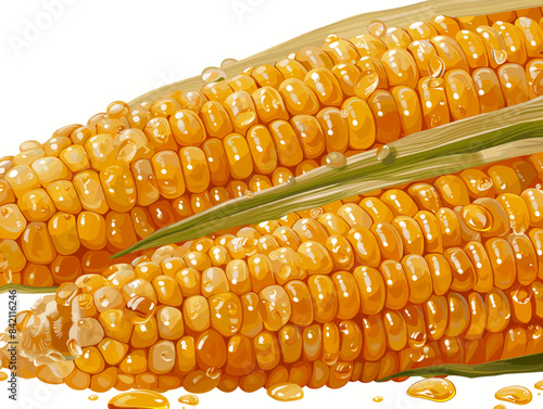 Two corn cobs with a green stalk in between. The corn is yellow and has a shiny, wet appearance