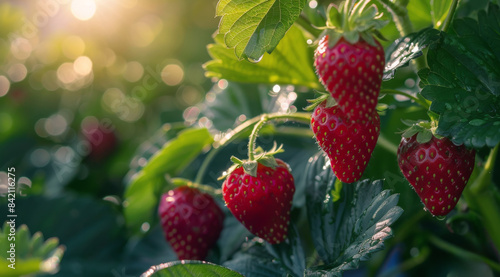 Ripe Strawberries Growing on a Vine in a Sunny Garden