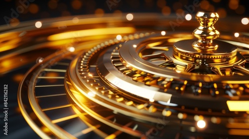 Golden roulette wheel in casino with selective focus and vibrant lighting for gambling and luck concepts