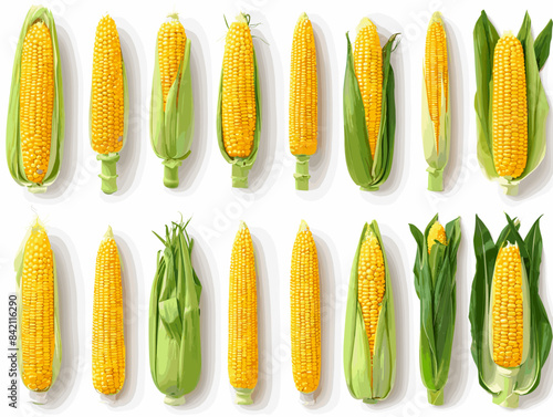 A collection of corn cobs and leaves. The corn cobs are of various sizes and shapes, and the leaves are green and leafy. Concept of abundance and diversity in the corn crop