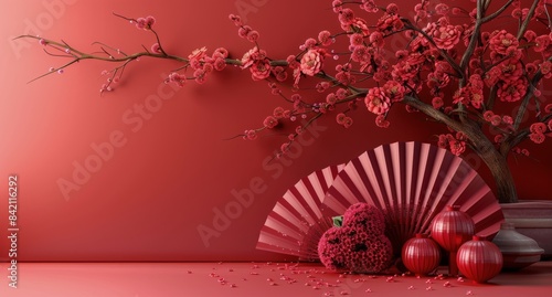 Pink Cherry Blossoms and Red Folding Fans in Sunlight