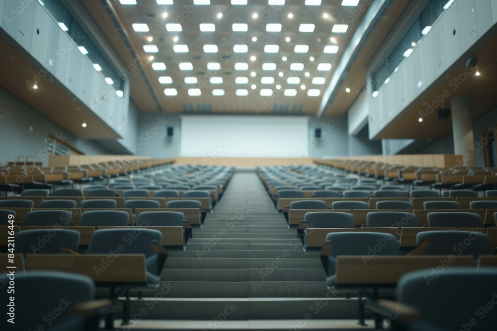 Fototapeta premium Modern and spacious empty lecture hall with rows of chairs and contemporary lighting in university or conference center