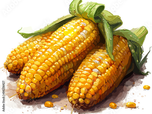 Three yellow corn cobs are shown with their green husks still attached. The corn is ripe and ready to be eaten