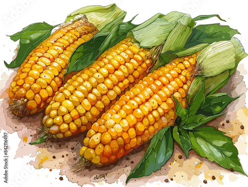 Three yellow corn cobs are on a leafy green background. The corn is fresh and ripe, and the leaves add a pop of color to the scene. Concept of abundance and freshness