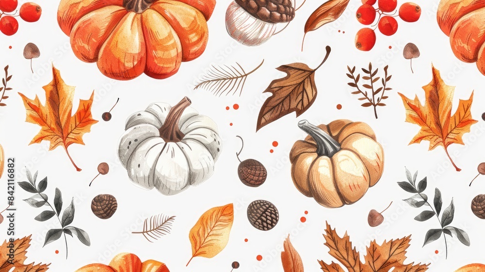 Capture the essence of fall with a beautifully crafted illustration in a hand drawn style creating a seamless pattern Capture the essence of fall with a beautifully crafted illustration in a hand drawn style creating a seamless pattern