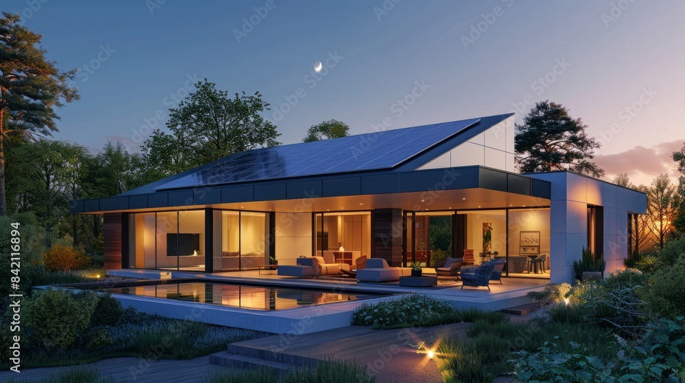 Modern House With Pool And Solar Panels At Sunset Modern House With Pool And Solar Panels At Sunset