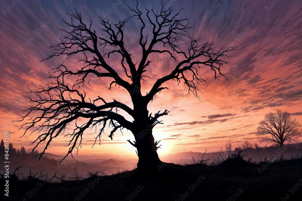 silhouette of tree in sunset