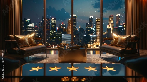 Wallpaper Mural A luxurious apartment with a stunning view of the city at night. Two leather sofas with gold pillows sit facing a large window, overlooking the cityscape. Torontodigital.ca