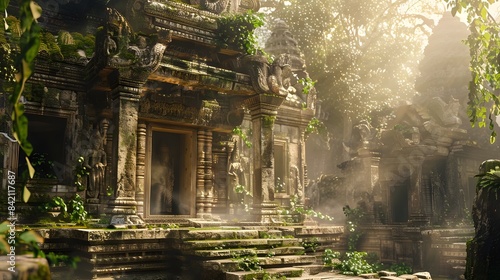  An ancient temple partially reclaimed by nature, set in a serene forest environment.
