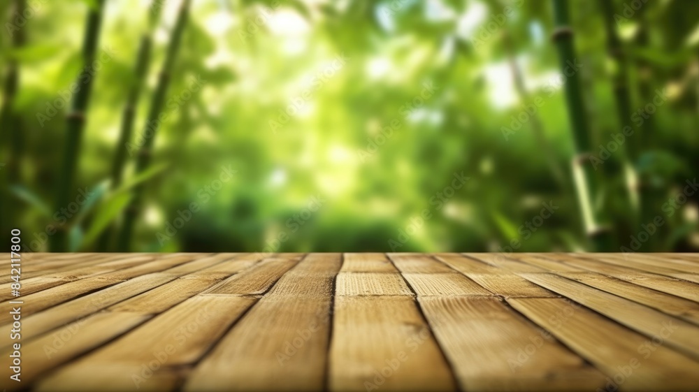 Bamboo plant in pot on wooden table with bamboo forest in background. Green bamboo garden with bright sun ray shine under with blurring background. Zen garden and tranquility concept. AIG35.