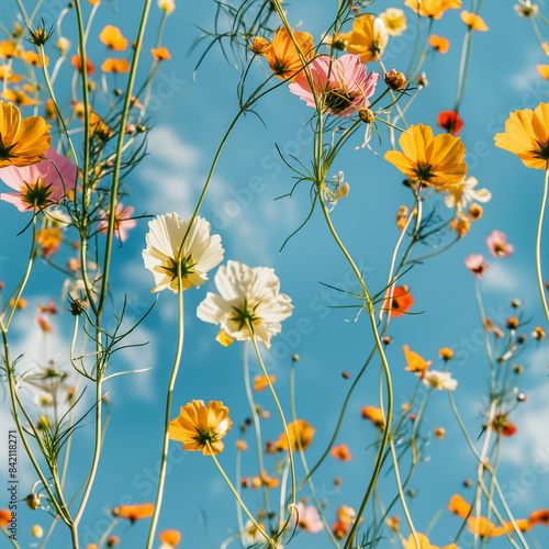 field of coloured flowers with blue sky in the background, panoramic, low angle view, tilable wallpaper, tiled, seamless infinite wallpaper