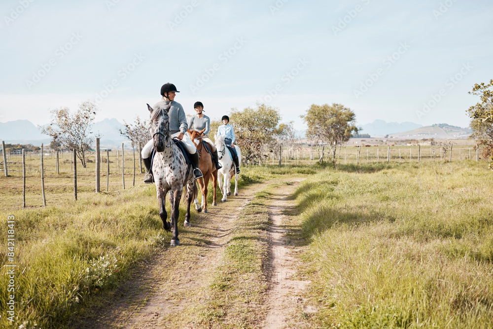 Women, riding and horses in countryside for fitness, exercise and training for sport in nature. Together, group and friends with animal or pet in summer for sunshine, travel and freedom on trail