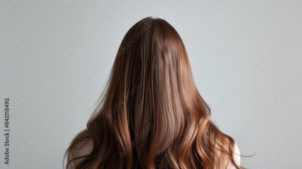 Woman with long brown hair viewed from the back, minimalistic background. Beauty and haircare concept Woman with long brown hair viewed from the back, minimalistic background. Beauty and haircare concept