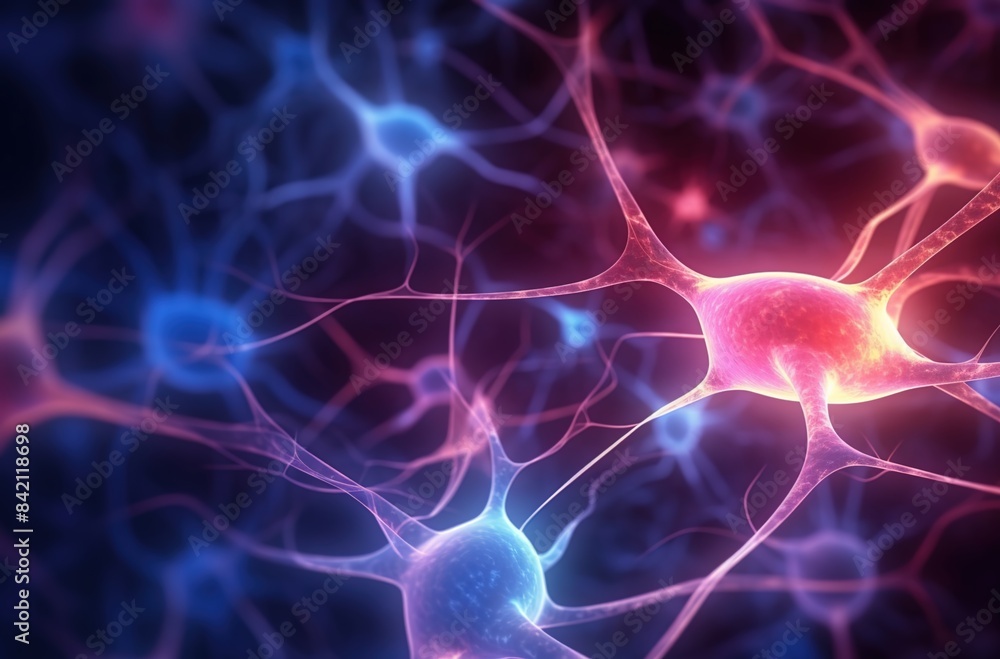 Abstract background with glowing neurons and brain cell connections on a dark blue background, with pink and orange colors.
Abstract background with glowing neurons and brain cell connections on a dark blue background, with pink and orange colors.