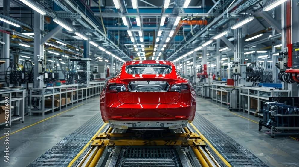 Inside the cuttingedge car factory, a sleek red electric vehicle is being meticulously assembled on the advanced production line, showcasing hightech automation and precision engineering Inside the cuttingedge car factory, a sleek red electric vehicle is being meticulously assembled on the advanced production line, showcasing hightech automation and precision engineering