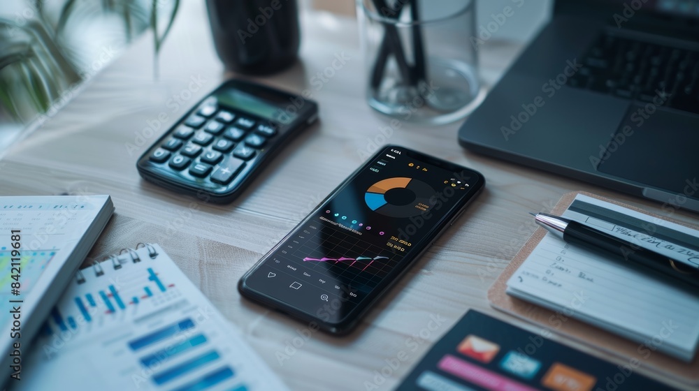 Financial Freedom at Your Fingertips Smartphone with Budgeting App Calculator and Planner on Desk Financial Freedom at Your Fingertips Smartphone with Budgeting App Calculator and Planner on Desk