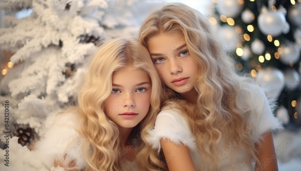 Christmas tree framed by two cute, blonde beauties portrait photo Christmas tree framed by two cute, blonde beauties portrait photo