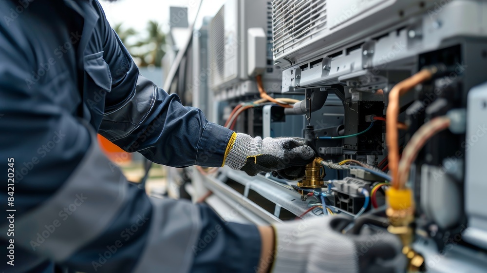 Expert HVAC Technician Installing Air Conditioner with Precision in Modern Home Expert HVAC Technician Installing Air Conditioner with Precision in Modern Home