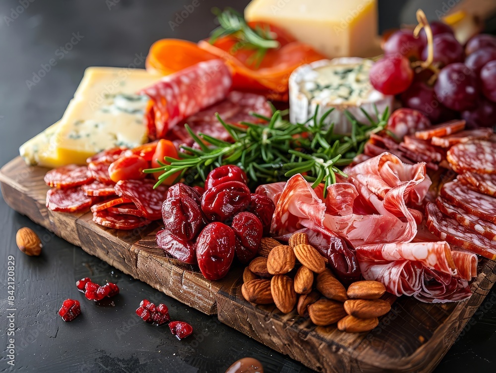 Elegant charcuterie board featuring an assortment of cured meats Elegant charcuterie board featuring an assortment of cured meats