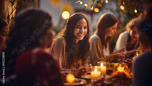 group of friends enjoying their thanksgiving meal at a dinner table