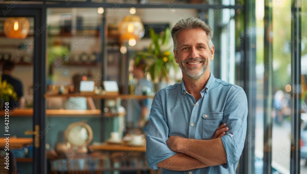 Fototapeta premium Handsome middle-aged man smiling and standing with arms crossed in his modern office, looking at the camera. A man wearing a casual shirt standing in front of a glass wall in the coffee shop