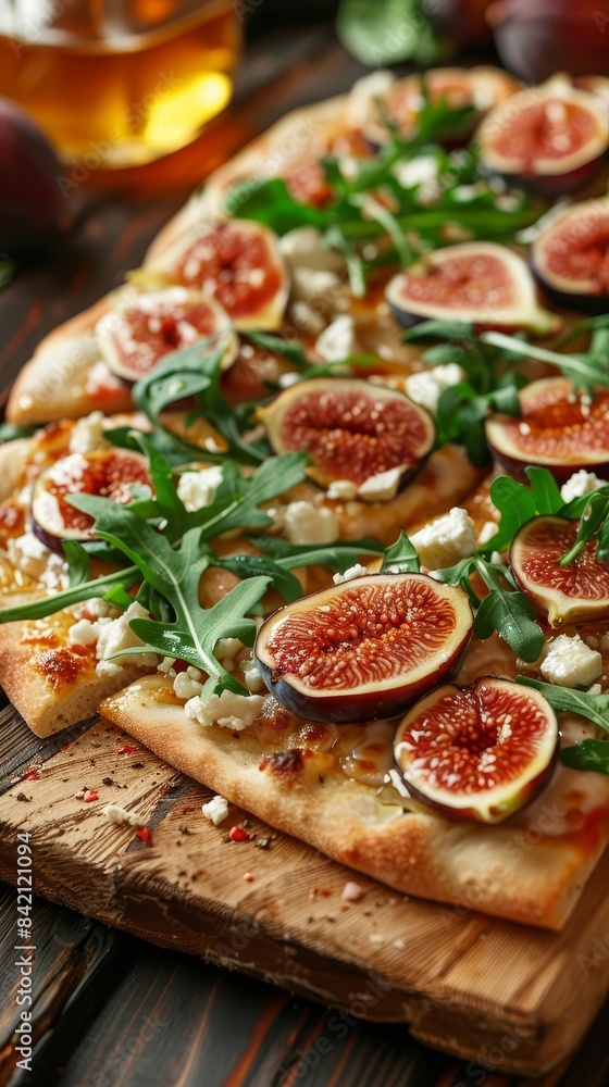 Flatbread pizza topped with fresh figs, creamy goat cheese, and a drizzle of honey, garnished with arugula leaves, set on a rustic wooden table, perfect for a gourmet dinner scene Flatbread pizza topped with fresh figs, creamy goat cheese, and a drizzle of honey, garnished with arugula leaves, set on a rustic wooden table, perfect for a gourmet dinner scene
