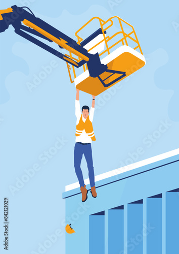 Aerial Work Platform safety. Illustration of falling from the work platform as a common hazard. A man falling from a boom lift. Pure vector.