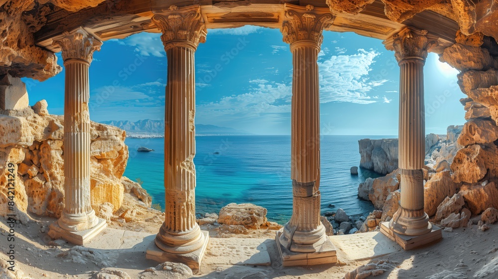Fototapeta premium A scenic view of the sea through the ornate pillars of an ancient stone temple
