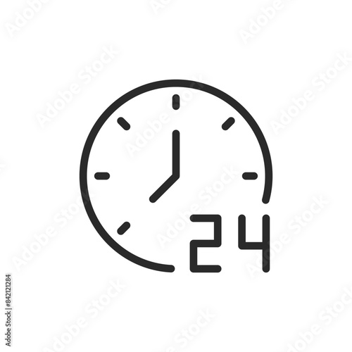 24-hour clock, linear style icon. Clock showing time with a "24" indicating 24-hour format. Editable stroke width.