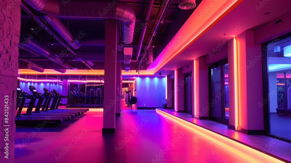 A modern fitness center with bright neon lighting, featuring treadmills in the foreground and a long hallway with purple and orange LED lights. A modern fitness center with bright neon lighting, featuring treadmills in the foreground and a long hallway with purple and orange LED lights.