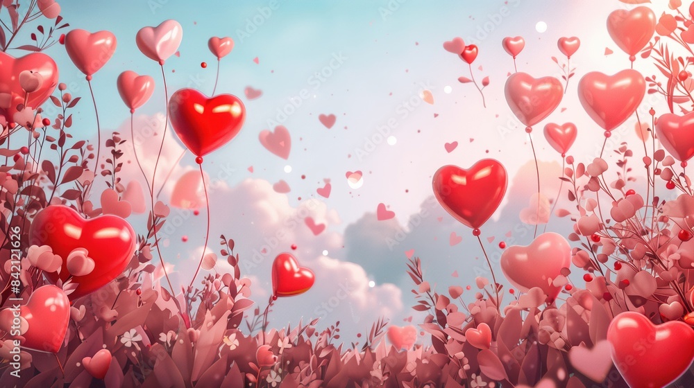 A dreamy scene with various heart-shaped balloons rising among flowers under a soft pink sky A dreamy scene with various heart-shaped balloons rising among flowers under a soft pink sky