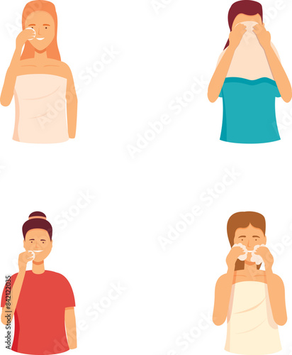 Set of four illustrations depicting individuals practicing good hygiene by covering their mouth and nose