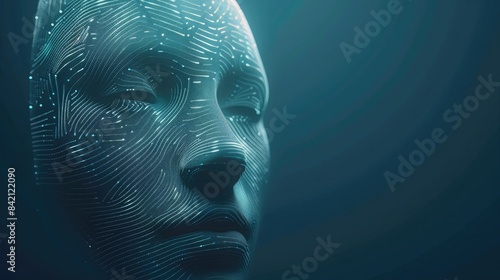 Abstract AI face with digital fingerprint symbolizing identity and ethics in artificial intelligence. AI ethics
