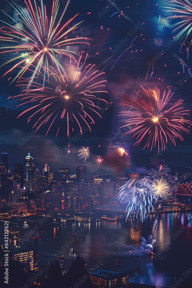 Fireworks over Seattle skyline during festive night celebration Fireworks over Seattle skyline during festive night celebration
