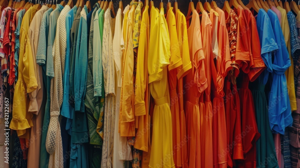 A vibrant assortment of clothes on display in a store. A vibrant assortment of clothes on display in a store.