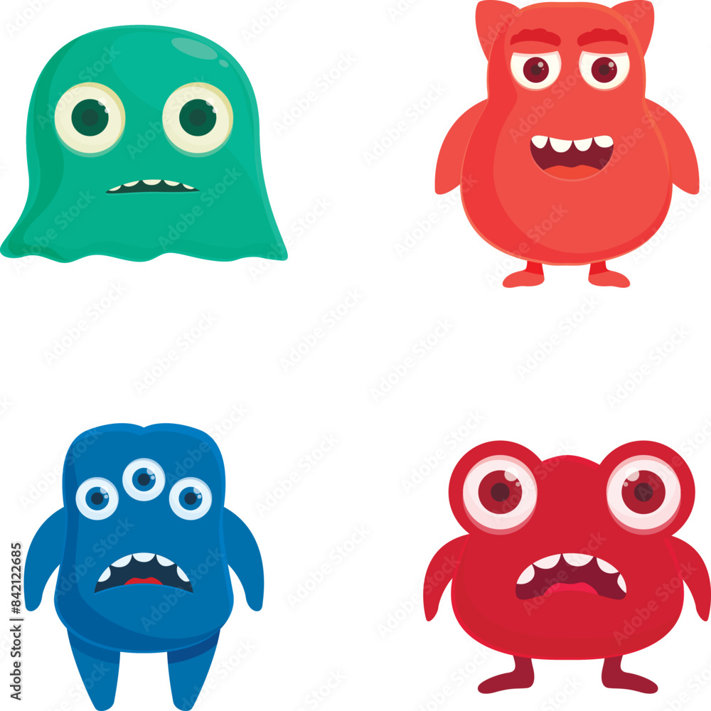 Fototapeta premium Collection of four cute, vibrant cartoon monster characters with different expressions
