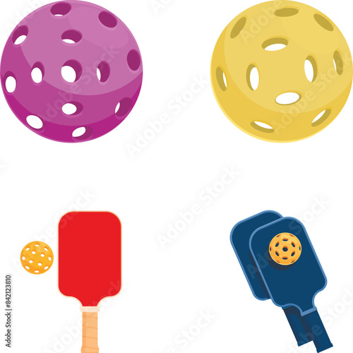 Set of colorful vector graphics of pickleball paddles and balls photo