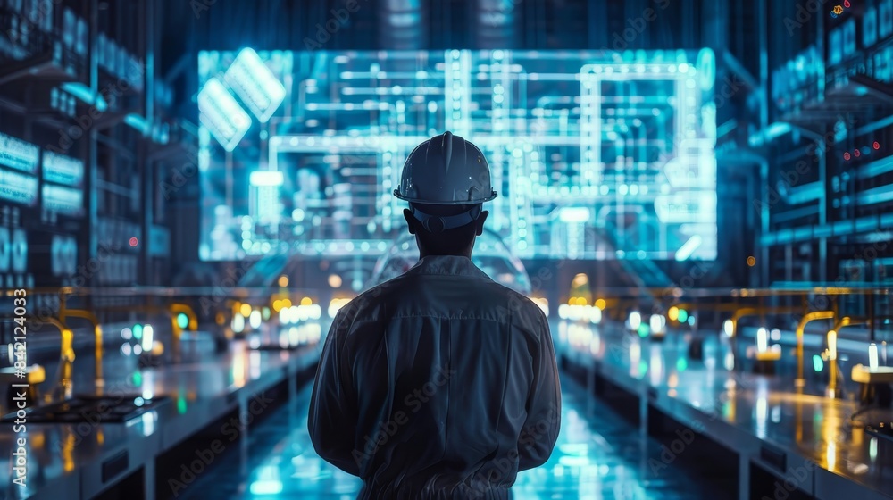 Future Vision Worker Contemplates Holographic Energy Grid in StateoftheArt Power Station Future Vision Worker Contemplates Holographic Energy Grid in StateoftheArt Power Station
