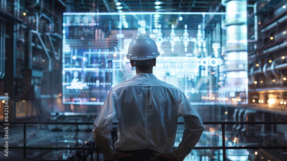 Future Vision Worker Contemplates Holographic Energy Grid in StateoftheArt Power Station Future Vision Worker Contemplates Holographic Energy Grid in StateoftheArt Power Station