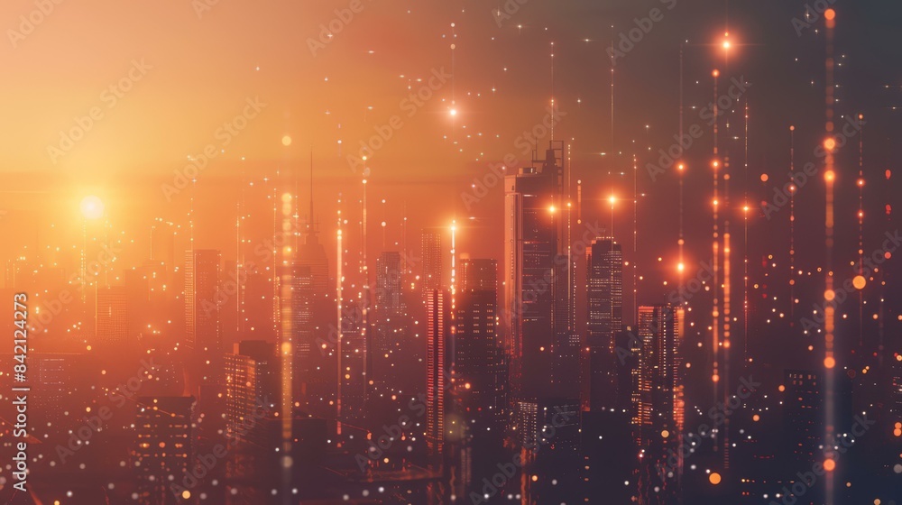 Fototapeta premium Futuristic Cityscape at Sunset with Digital Data Overlay, Technology and Innovation Concept