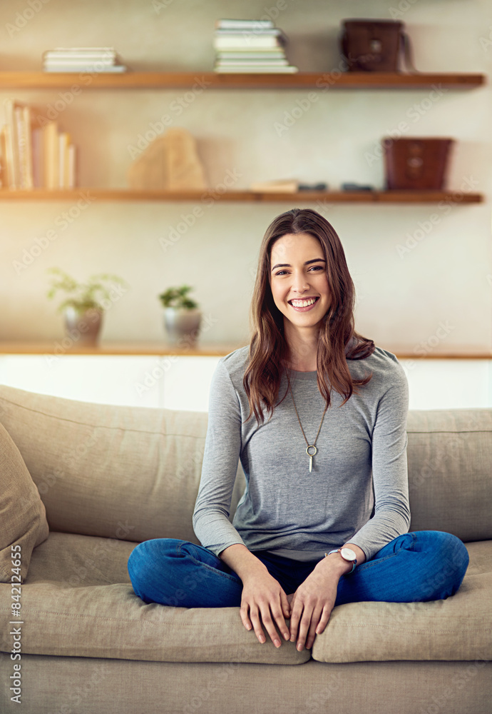 Portrait, woman and relax on couch at house in living room with smile, care or gratitude for comfortable weekend break. Happy, female person and morning peace in lounge for calm vacation in summer Portrait, woman and relax on couch at house in living room with smile, care or gratitude for comfortable weekend break. Happy, female person and morning peace in lounge for calm vacation in summer