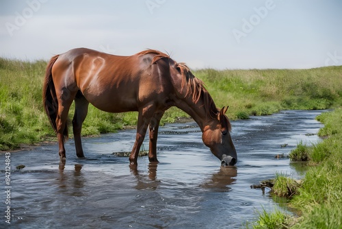 Brown horse drinking water in a shallow stream  surrounded by green grass under clear sky