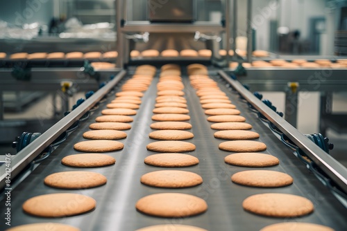 Conveyor belt transports cookies in bustling bakery, awaiting further processing or packaging