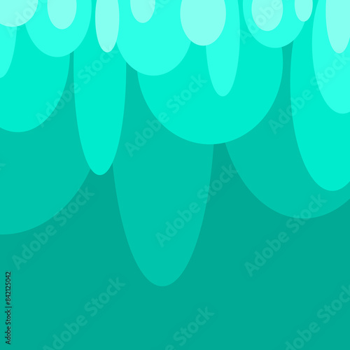 Blue-green circles and ovals falling from the top of blue-green background