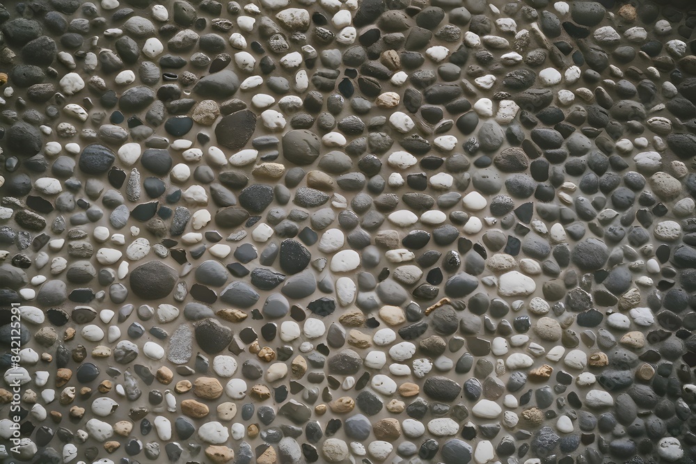 Textured, patterned wall of rounded stones in gray and white shades Textured, patterned wall of rounded stones in gray and white shades