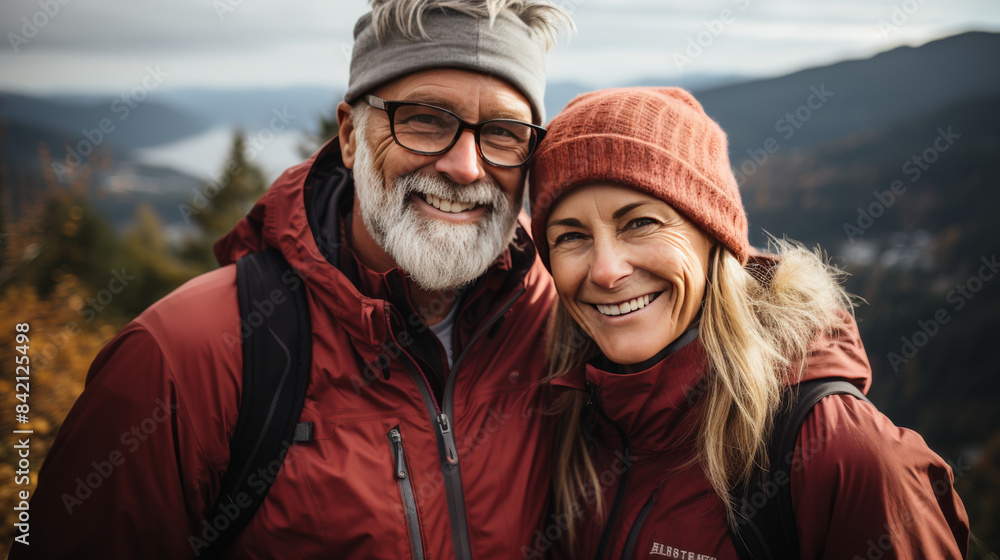 Senior couple smiling, nature walk Senior couple smiling, nature walk