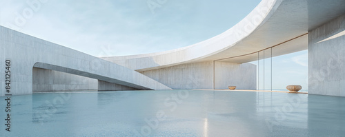Empty minimal abstract architecture building interior or exterior concrete design open space floor courtyard white showcase area and curved walls museum, display showroom mockup environment background